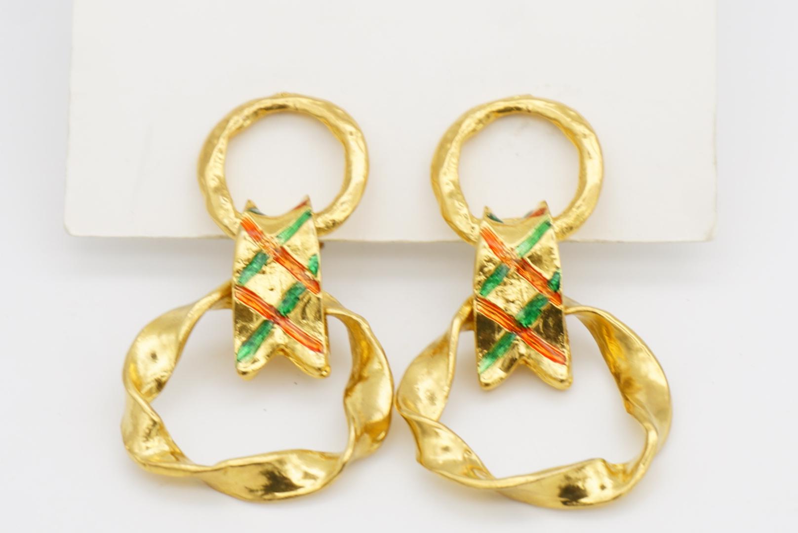 Yves Saint Laurent YSL Vintage Pendientes de aro con doble círculo verde y lazo rojo en venta 4