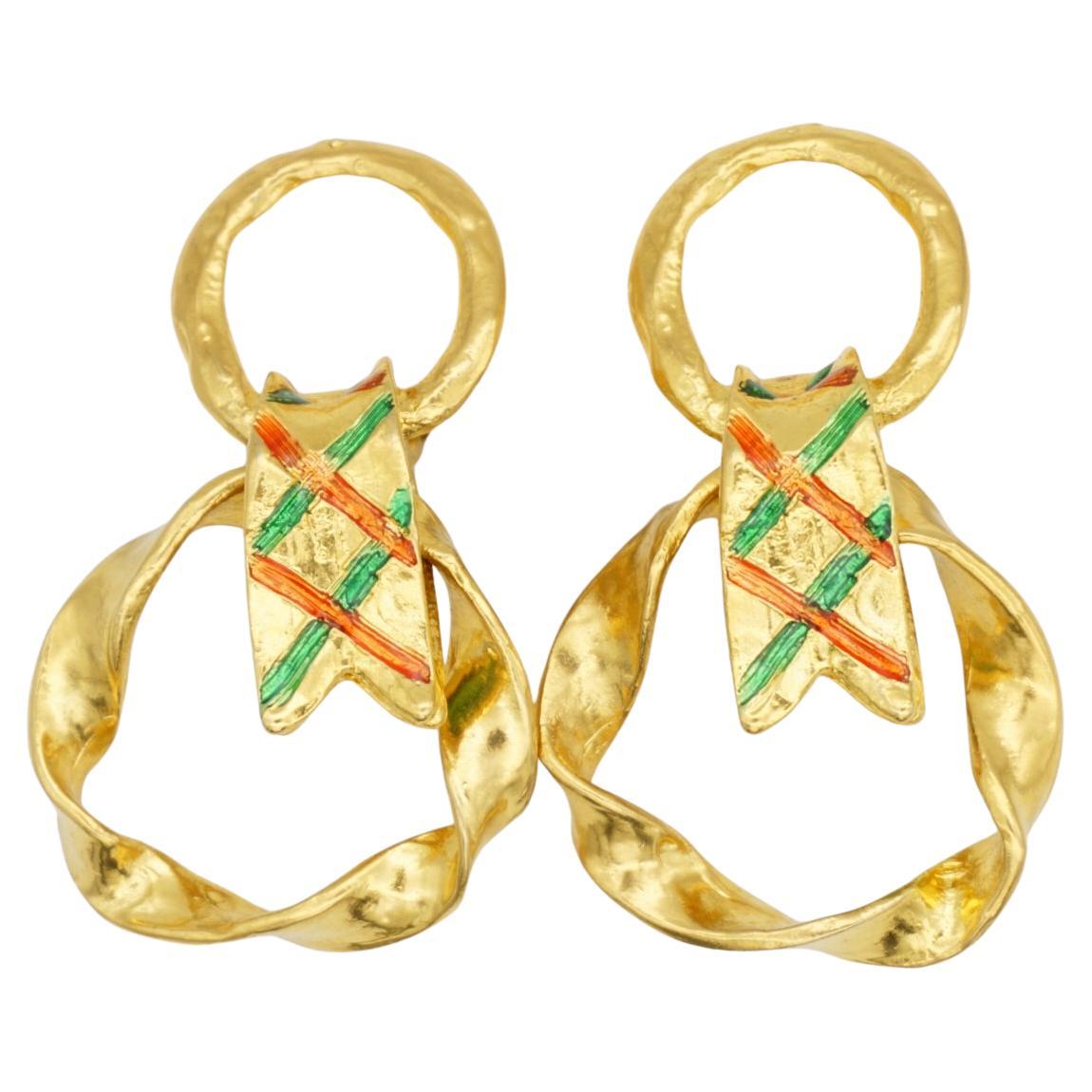 Yves Saint Laurent YSL Vintage Orecchini a goccia a doppio cerchio con nastro verde e rosso