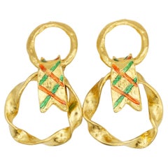Yves Saint Laurent YSL Vintage Double Circle Green Red Ribbon Hoop Drop Earrings (Boucles d
oreilles double cercle avec ruban rouge)