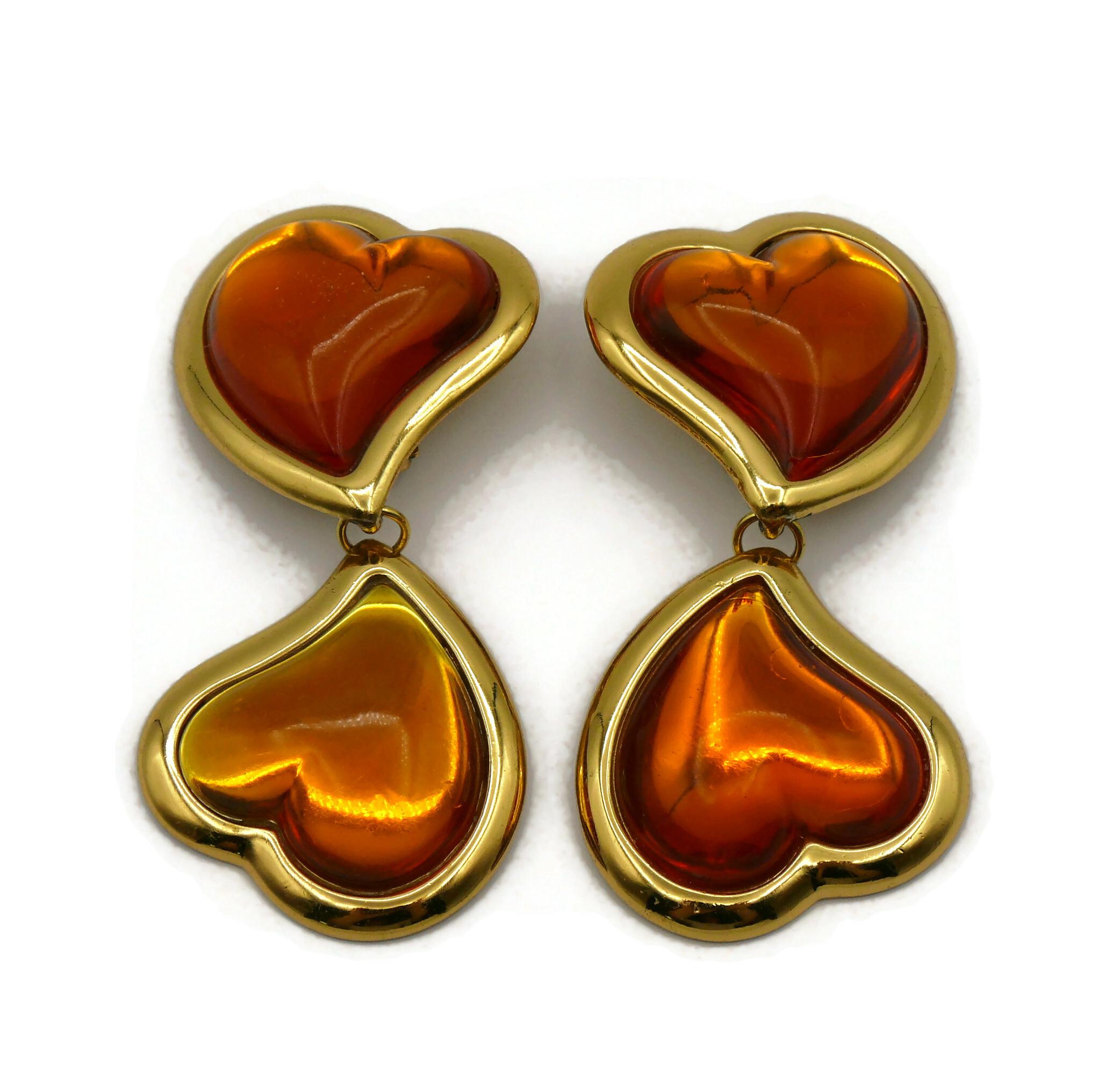 YVES SAINT LAURENT YSL Vintage Double Heart Dangling Earrings In Fair Condition For Sale In Nice, FR
