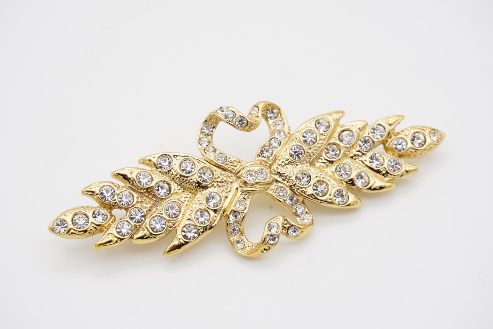 Yves Saint Laurent YSL Vintage Double Heart Love Crown Bow Crystals Leaf Brooch 5