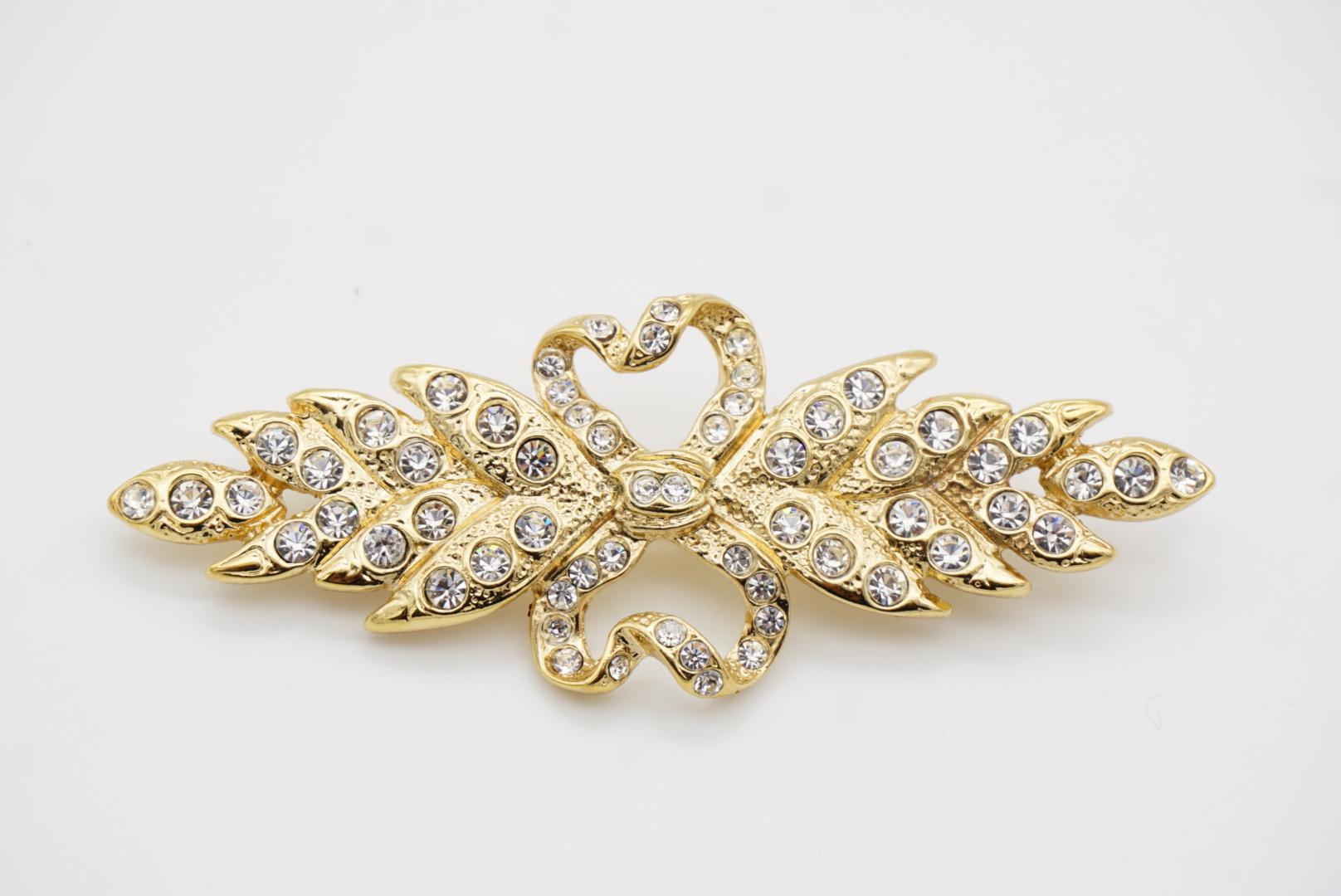 Yves Saint Laurent YSL Vintage Double Heart Love Crown Bow Crystals Leaf Brooch 7