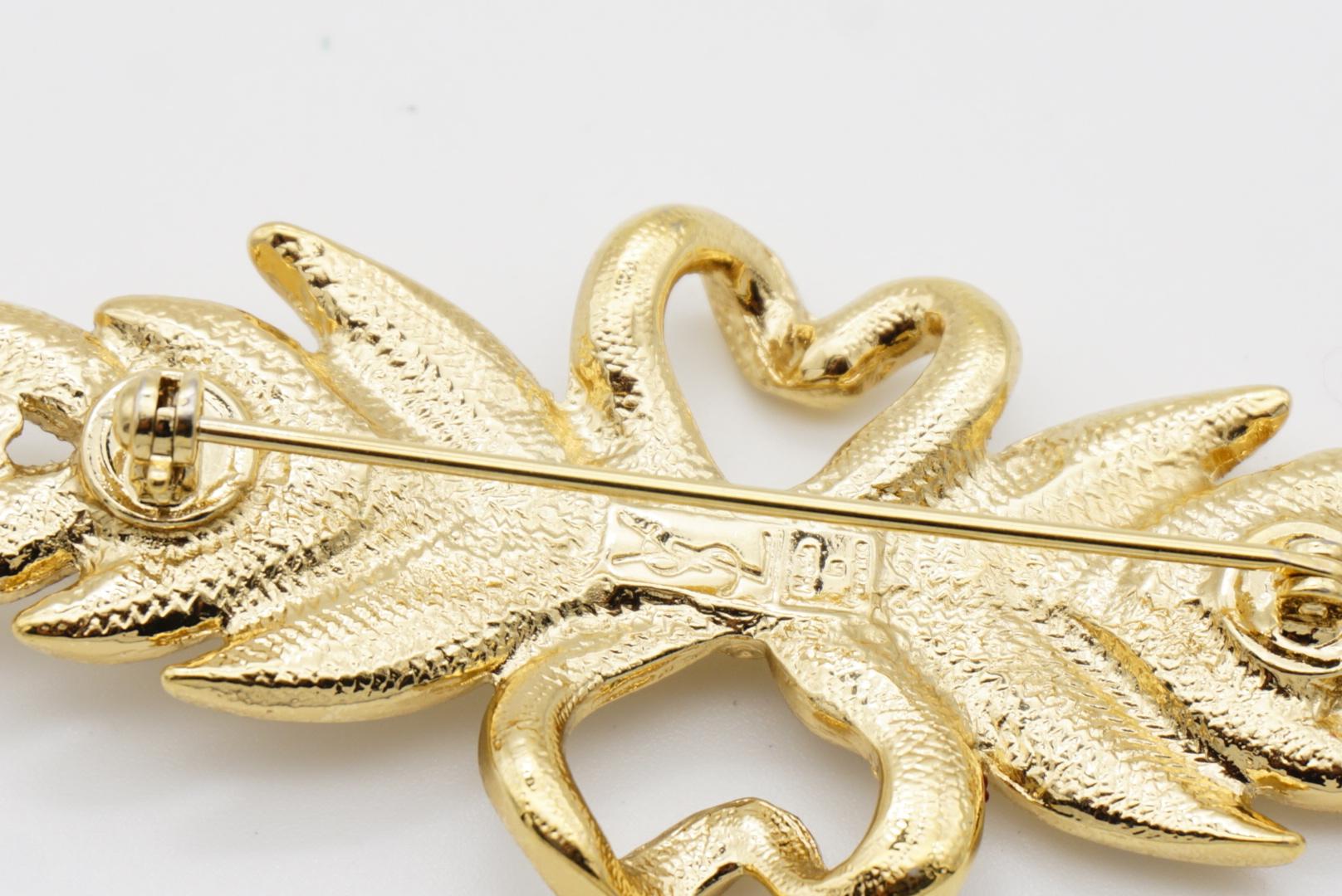 Yves Saint Laurent YSL Vintage Double Heart Love Crown Bow Crystals Leaf Brooch 9