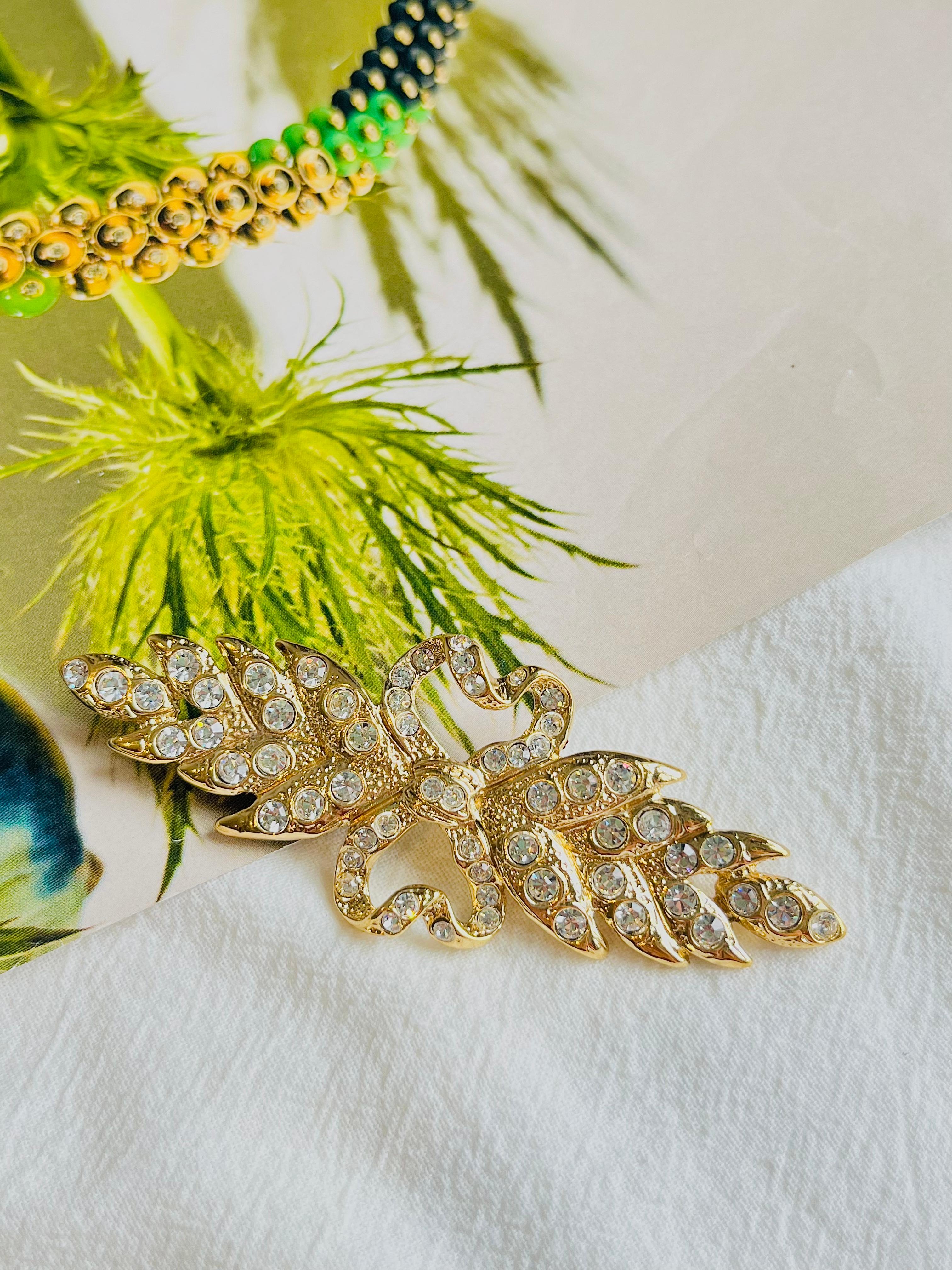 Art Deco Yves Saint Laurent YSL Vintage Double Heart Love Crown Bow Crystals Leaf Brooch