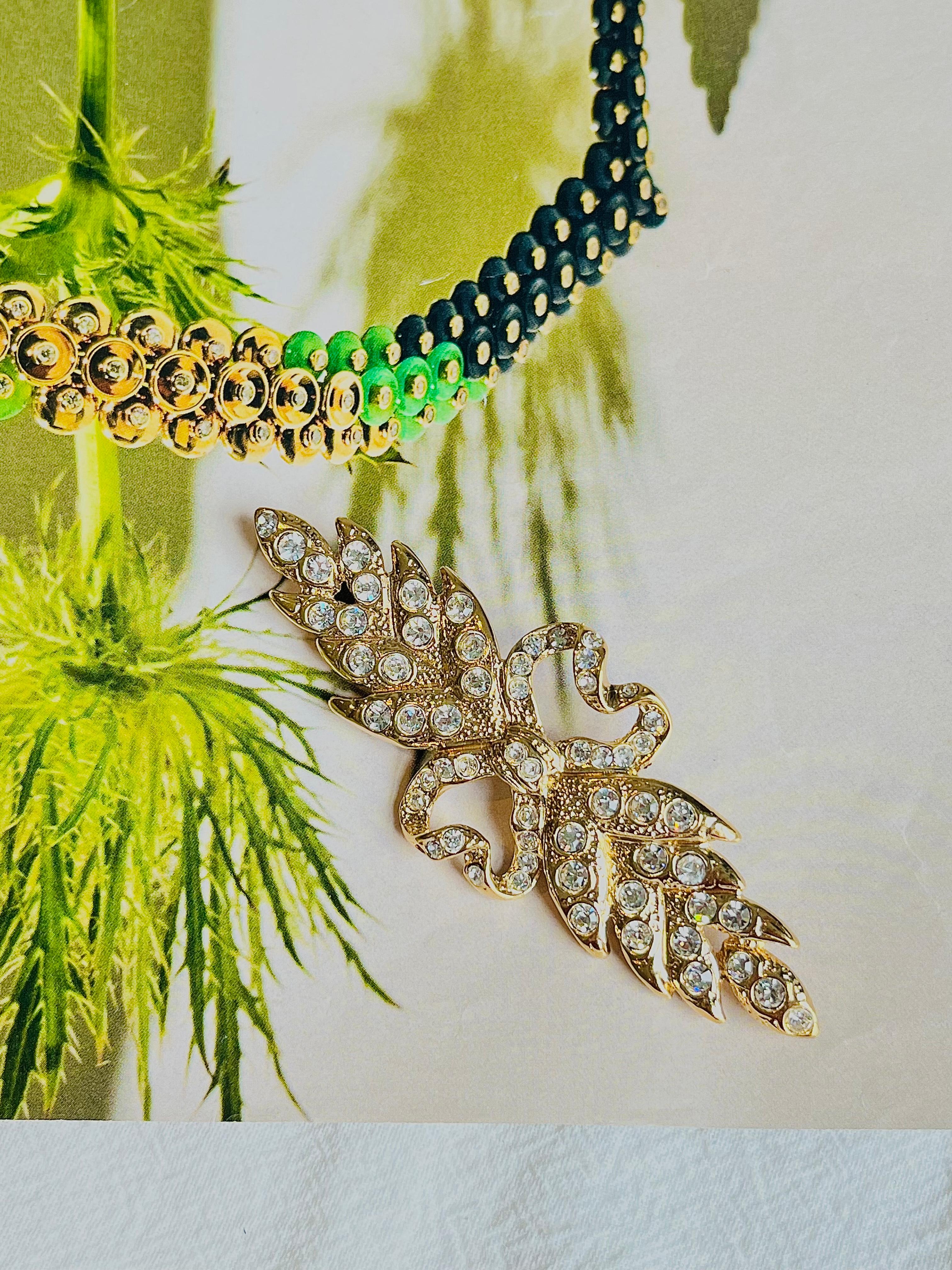 Yves Saint Laurent YSL Vintage Double Heart Love Crown Bow Crystals Leaf Brooch In Excellent Condition In Wokingham, England