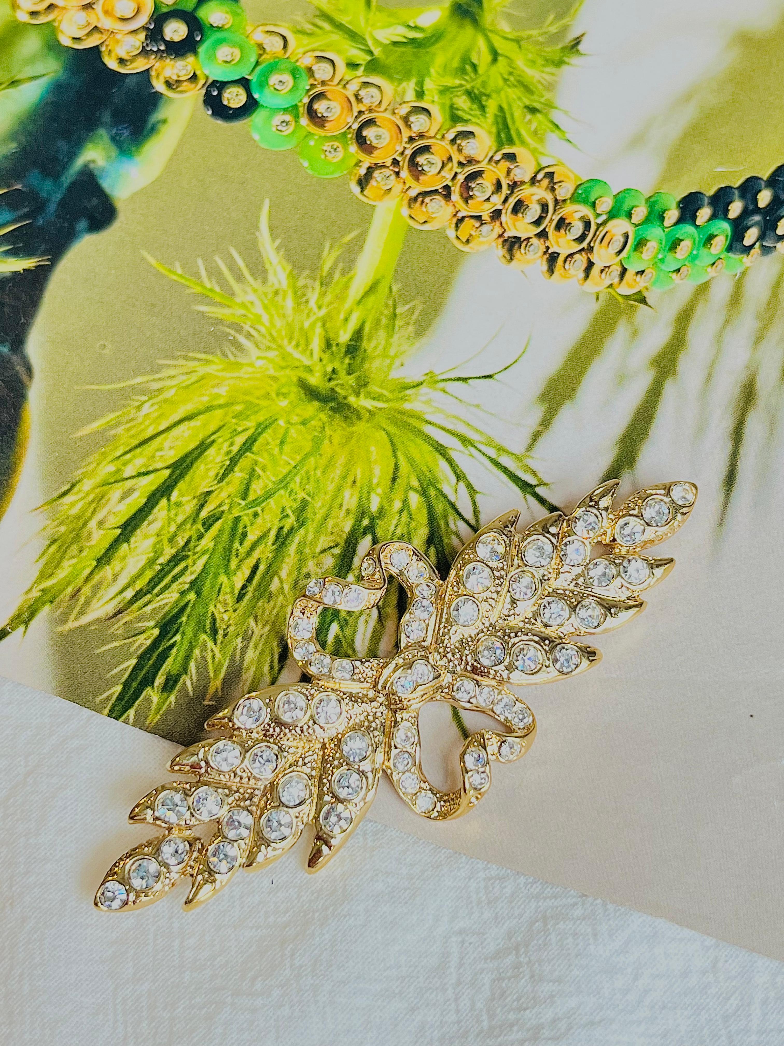 Women's or Men's Yves Saint Laurent YSL Vintage Double Heart Love Crown Bow Crystals Leaf Brooch