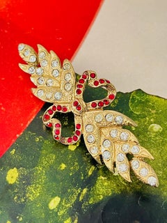 Yves Saint Laurent YSL Vintage Double Heart Ruby Crystals Love Feather Brosche