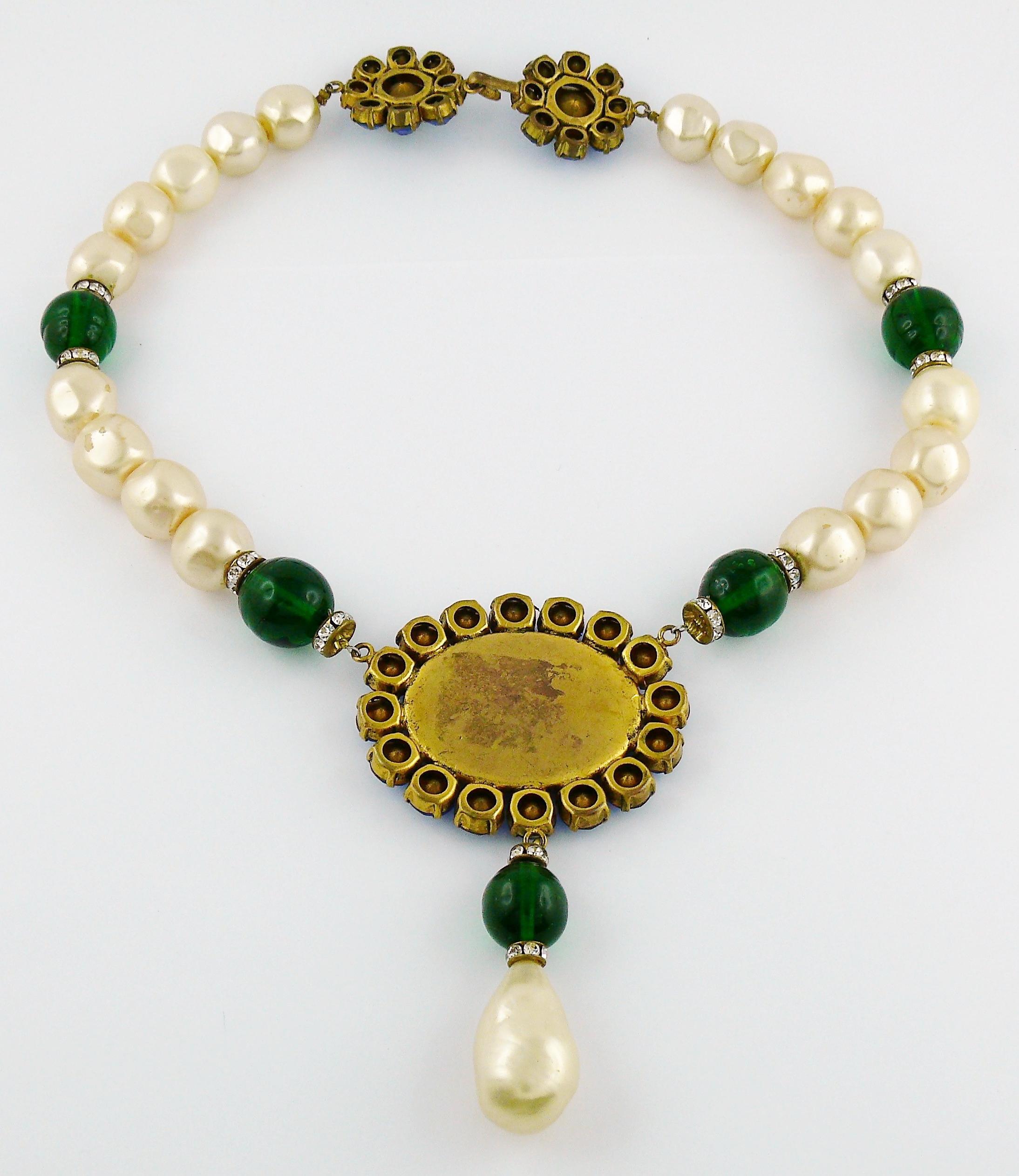 Yves Saint Laurent YSL Vintage Emerald Sapphire Stone Pearl Necklace For Sale 5