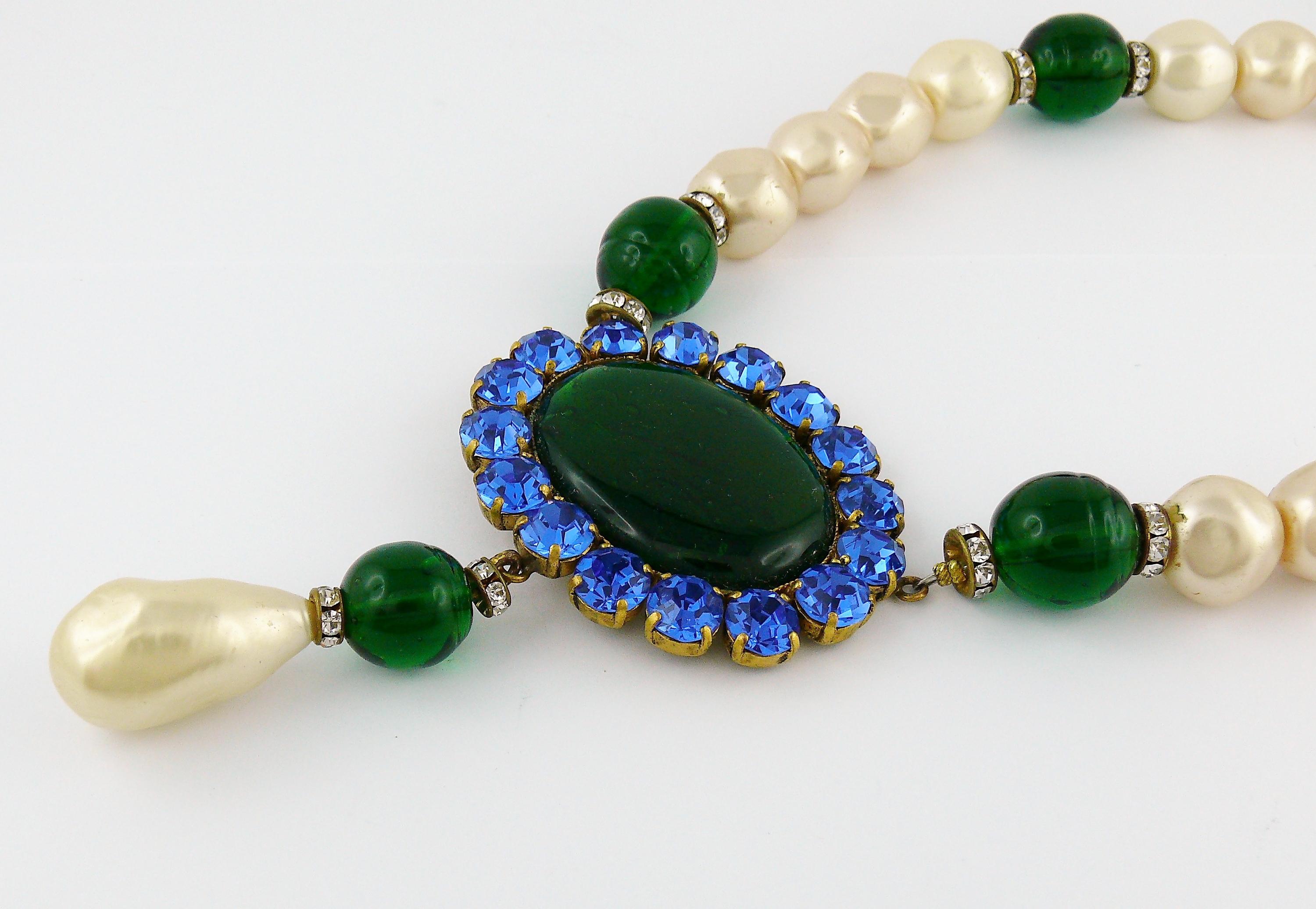 Women's Yves Saint Laurent YSL Vintage Emerald Sapphire Stone Pearl Necklace For Sale