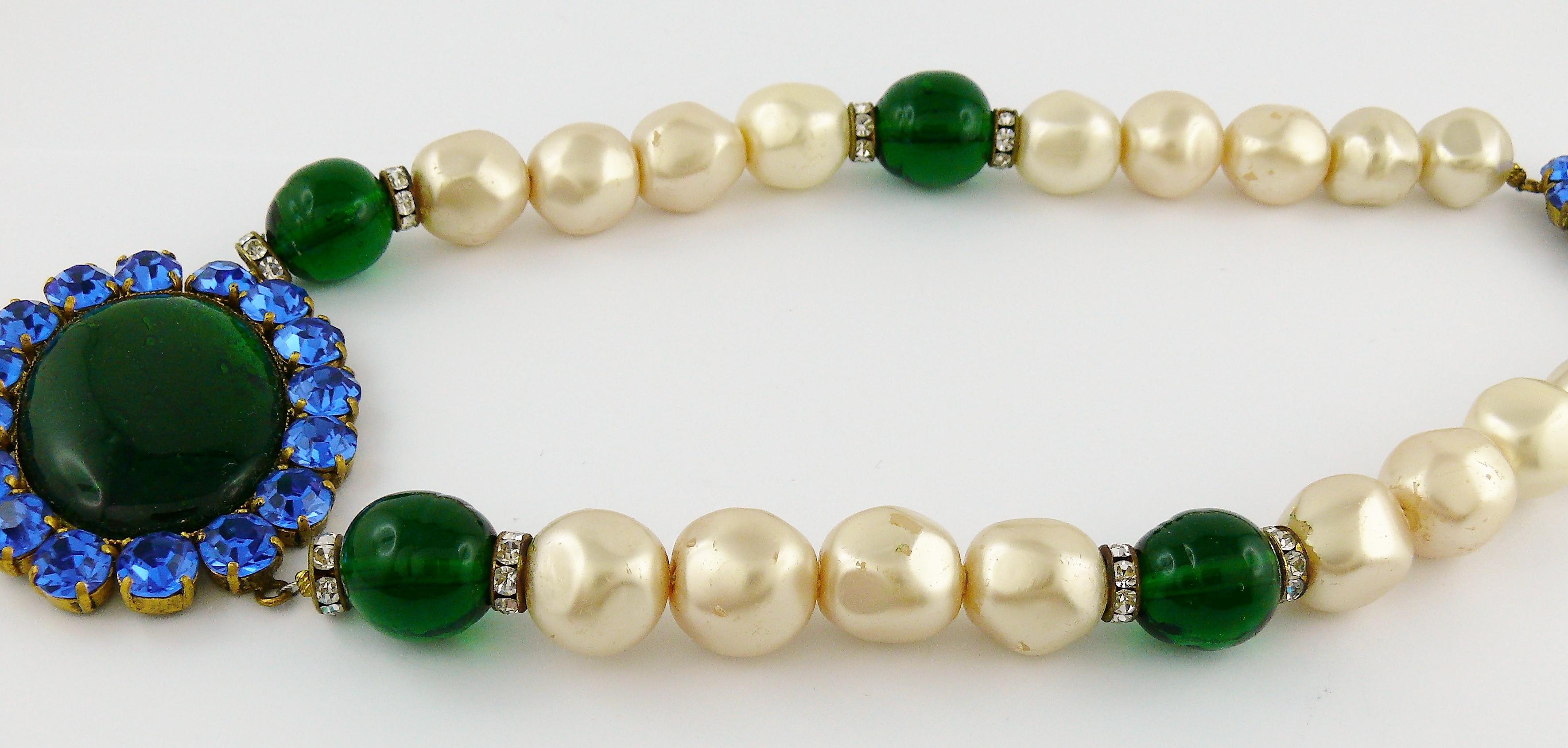 Yves Saint Laurent YSL Vintage Emerald Sapphire Stone Pearl Necklace For Sale 1