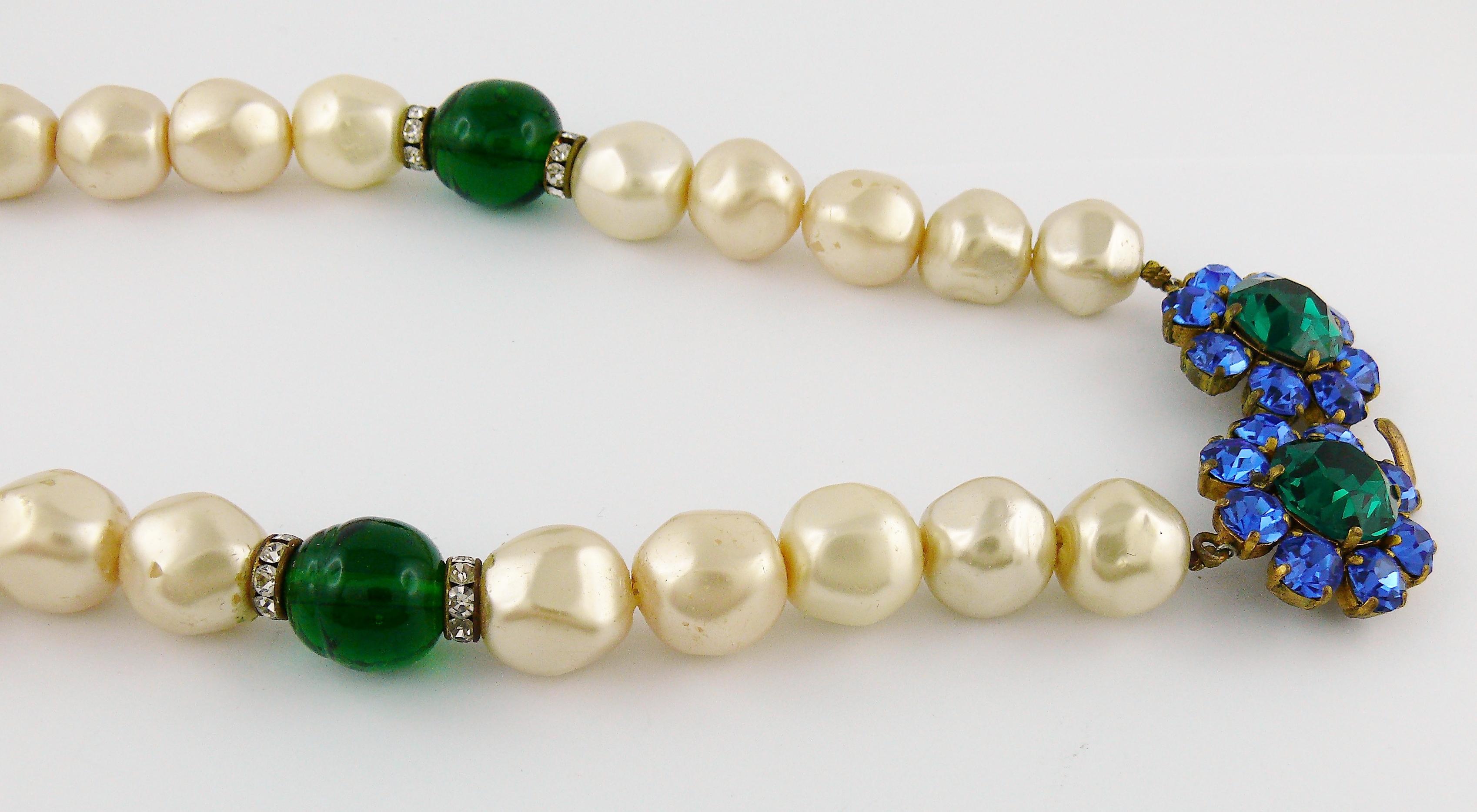 Yves Saint Laurent YSL Vintage Emerald Sapphire Stone Pearl Necklace For Sale 2