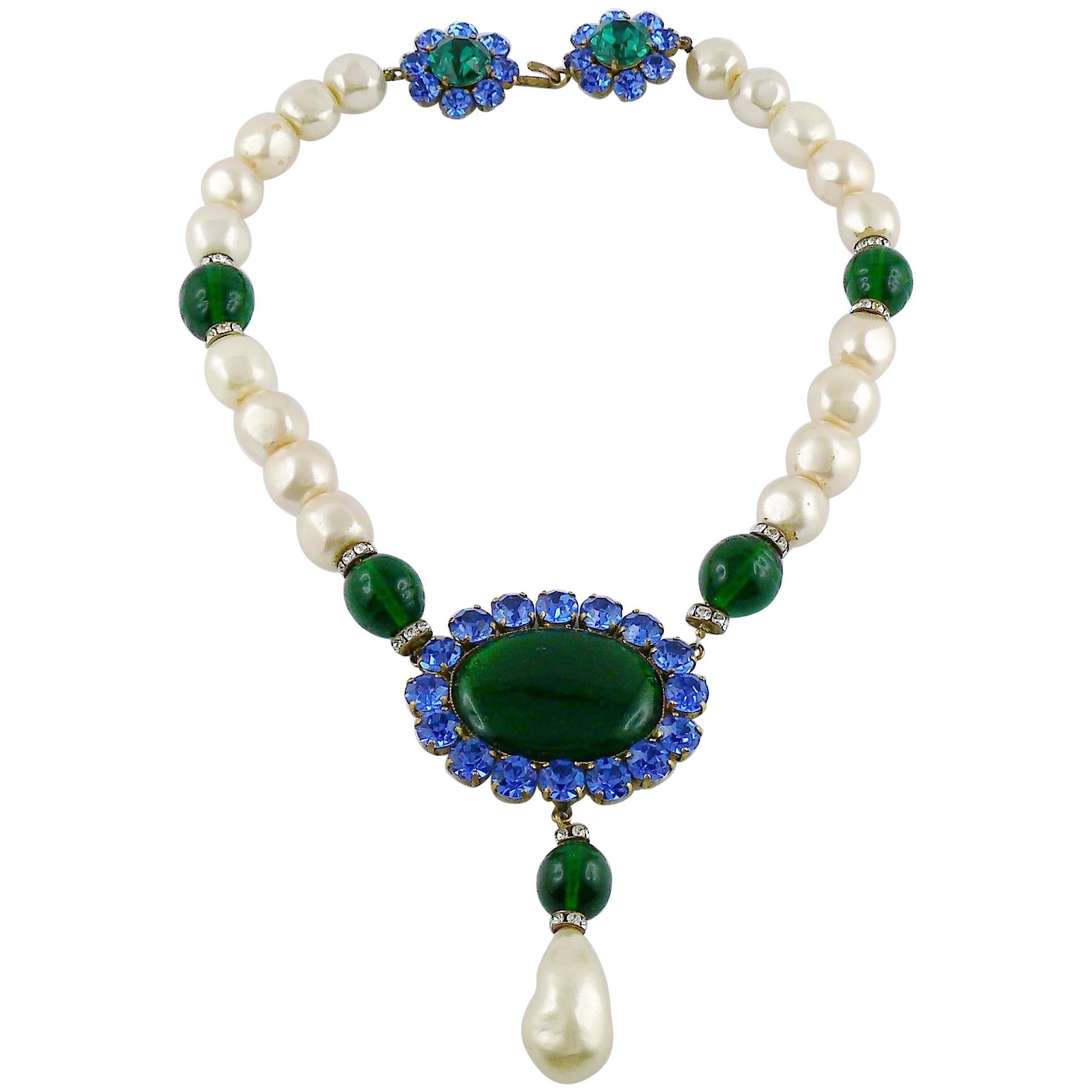 Yves Saint Laurent YSL Vintage Emerald Sapphire Stone Pearl Necklace