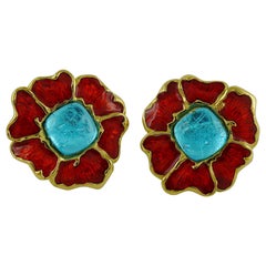 Yves Saint Laurent YSL Vintage Enamel Floral Clip On Earrings