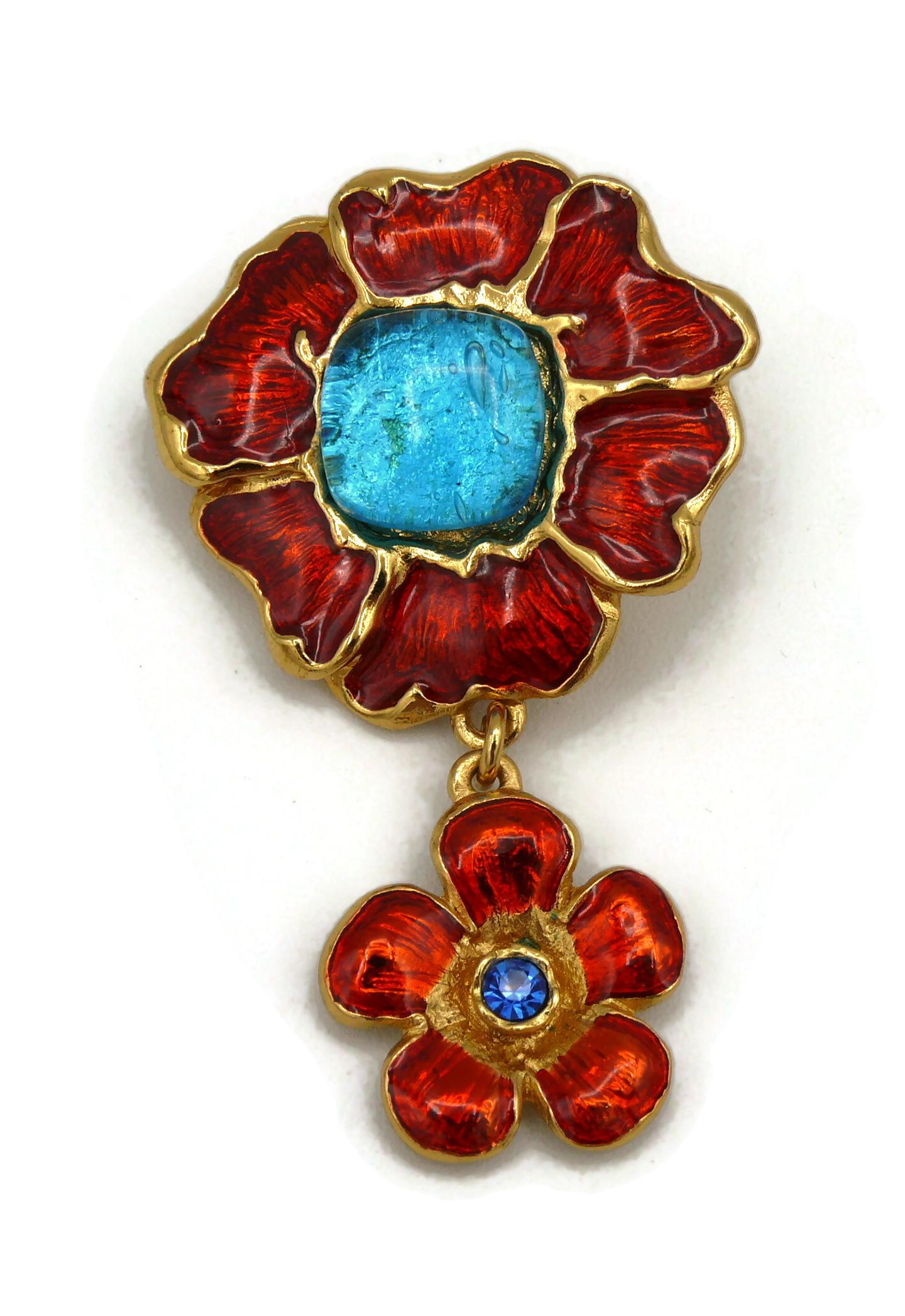 YVES SAINT LAURENT vintage floral pendant embellished with red enamel, acqua blue glass cabochons and sapphire colour crystal.

Embossed YSL.
Made in France.

Indicative measurements : height approx. 6 cm (2.36 inches) / max. width approx. 4 cm