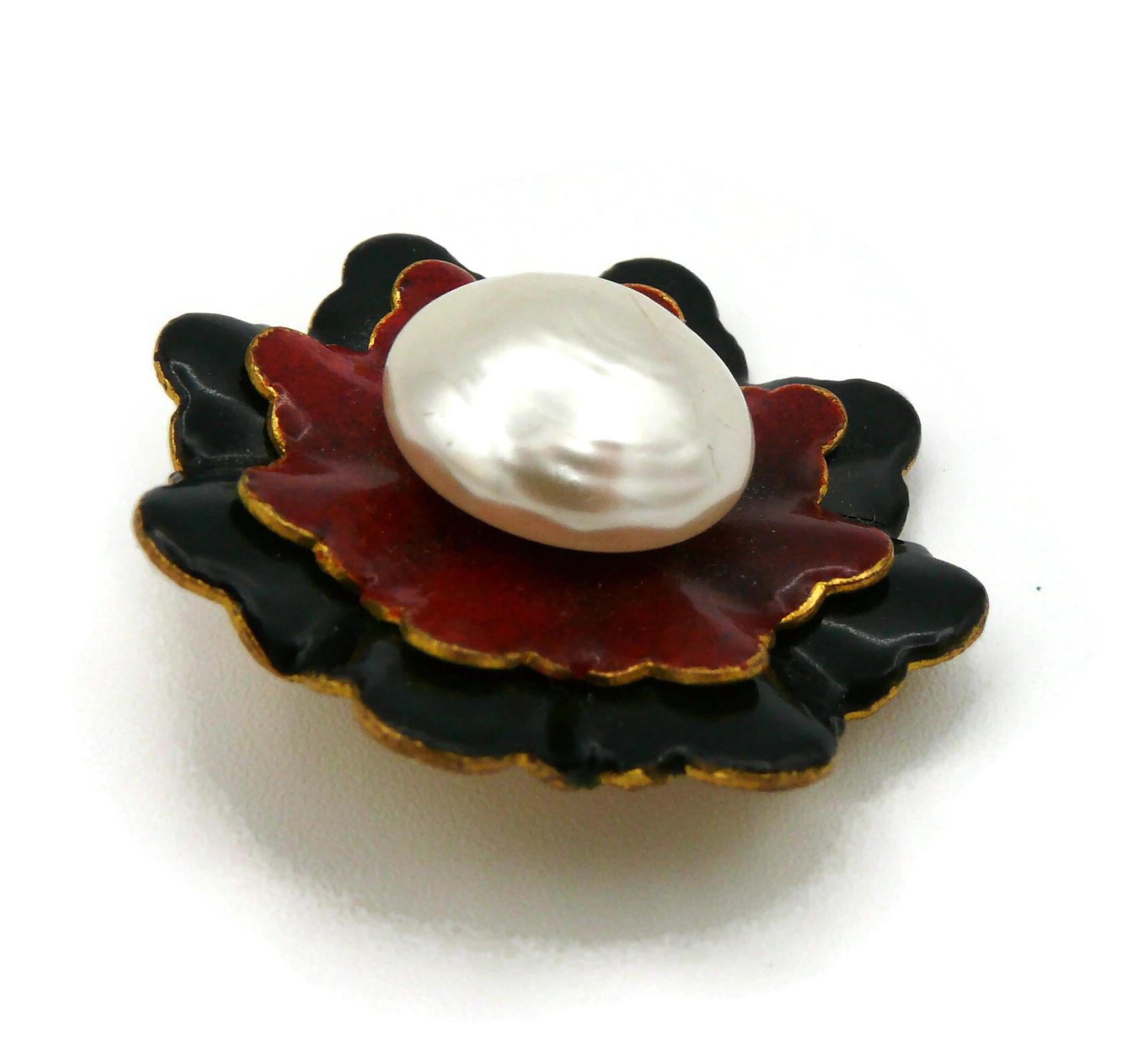 YVES SAINT LAURENT YSL Vintage Enamel Flower Pearl Clip-On Earrings For Sale 10