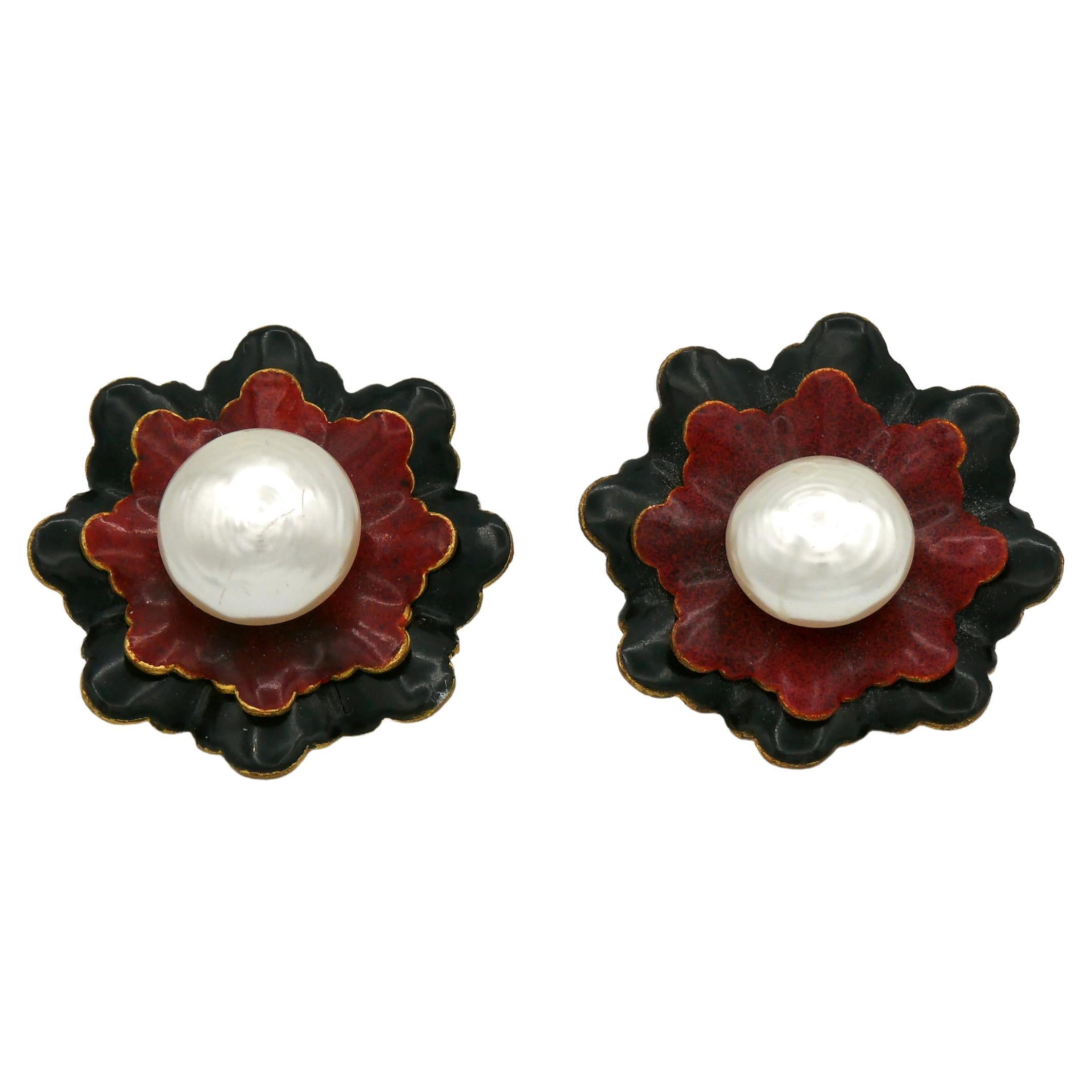 YVES SAINT LAURENT YSL Vintage Enamel Flower Pearl Clip-On Earrings For Sale