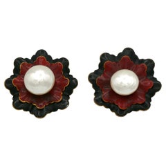 YVES SAINT LAURENT YSL Vintage Enamel Flower Pearl Clip-On Earrings