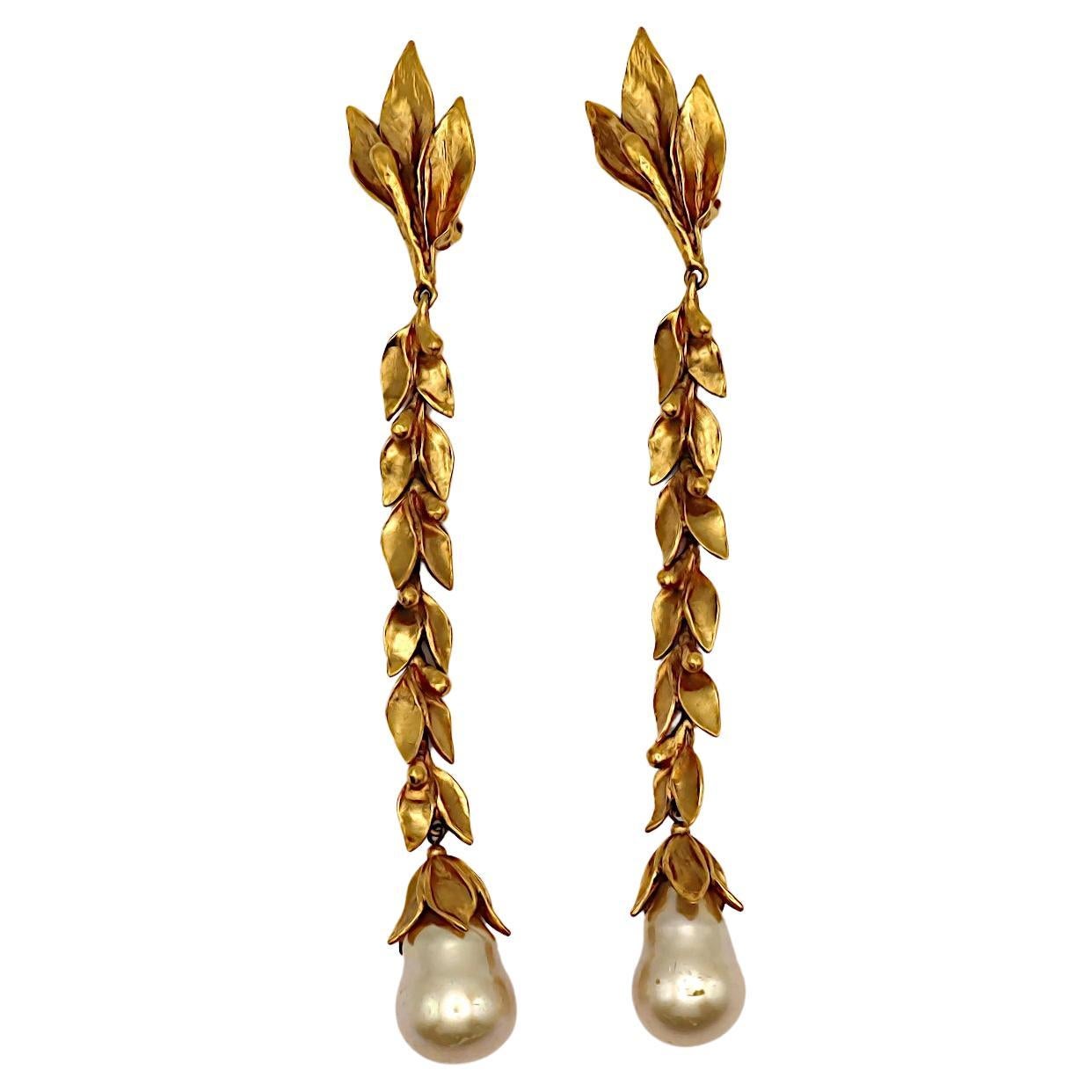Yves Saint Laurent YSL Vintage Extra Long Dangle Floral Gold Tone Earrings