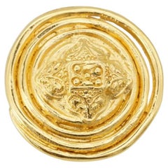Yves Saint Laurent YSL Vintage Floral Nest Round Badge Openwork Gold Brooch Pin