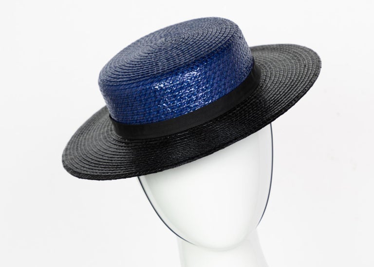 VINTAGE YSL Yves Saint Laurent Wide Brim Straw Sun Hat w/ Navy Blue Ribbon Band Yves Saint Laurent | Accessories | Vintage Ysl Yves Saint  main image 3