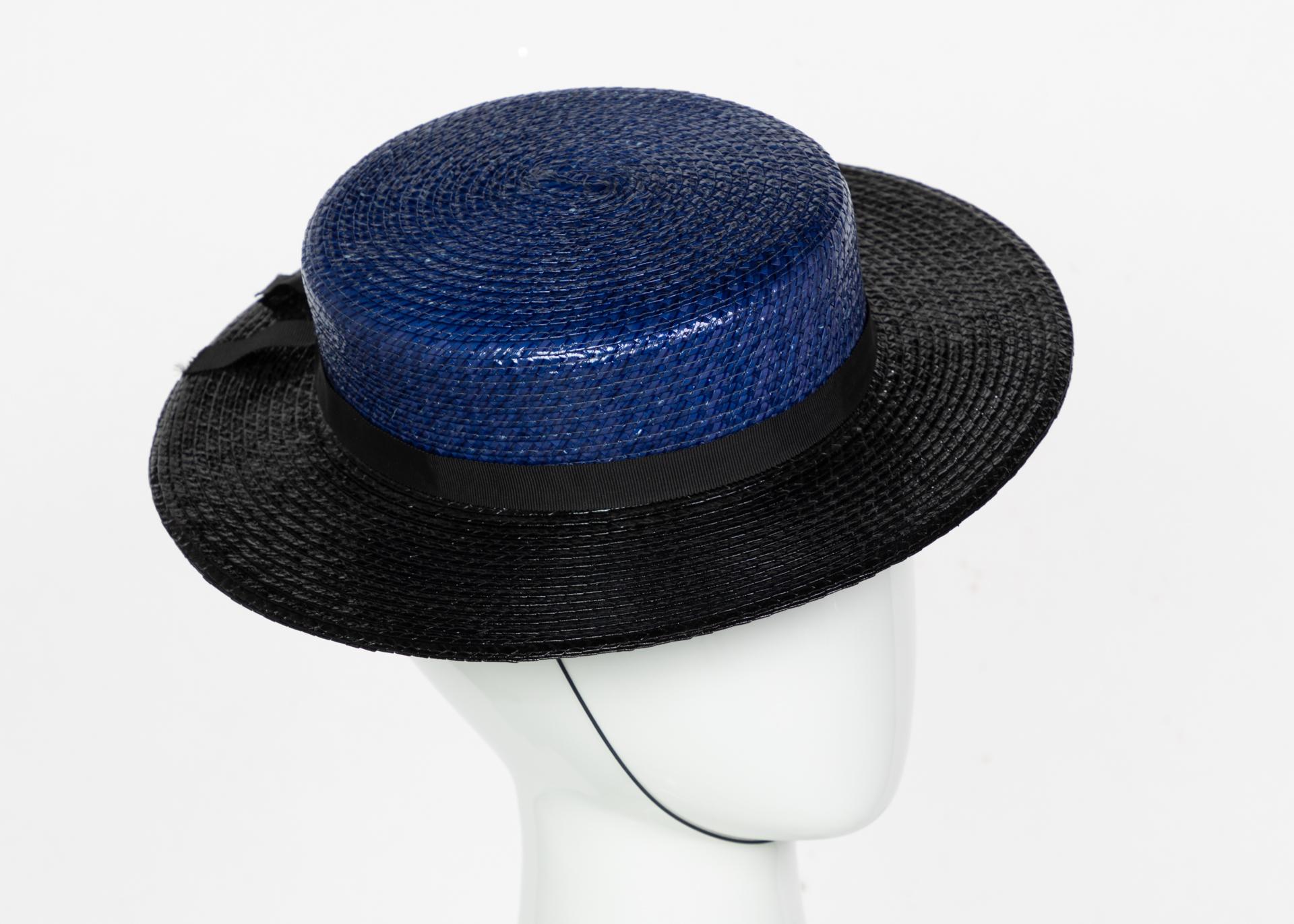 Yves Saint Laurent YSL Vintage Glossy Blue and Black Straw Hat, 1990s In Excellent Condition For Sale In Boca Raton, FL
