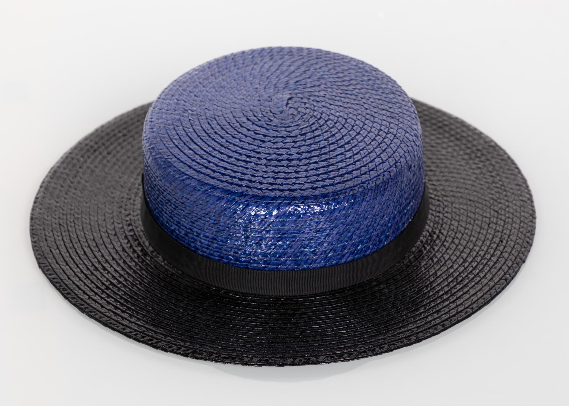 Yves Saint Laurent YSL Vintage Glossy Blue and Black Straw Hat, 1990s In Excellent Condition In Boca Raton, FL