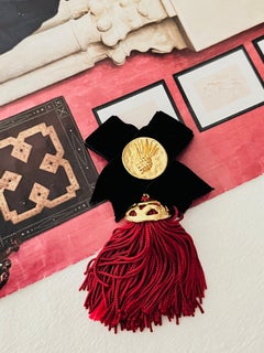 Yves Saint Laurent YSL Vintage Gold Black Velvet Burgundy Tassel Brooch Pendant