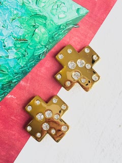 Yves Saint Laurent YSL Vintage Gold Cross Shining Crystals Glow Chunky Earrings