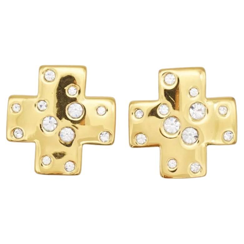 Yves Saint Laurent YSL Vintage Gold Cross Shining Crystals Glow Chunky Earrings For Sale
