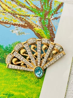 Yves Saint Laurent YSL Vintage Gold Gripoix Blue Aqua Crystal Fan Chunky Brooch