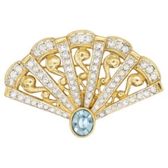 Yves Saint Laurent YSL Vintage Gold Gripoix Blue Aqua Crystal Fan Chunky Brooch