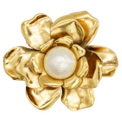 Yves Saint Laurent YSL Vintage Gold Large Camellia White Pearl Statement Brooch