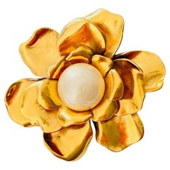 Yves Saint Laurent YSL Vintage Gold Large Camellia White Pearl Statement Brooch