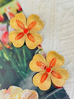Yves Saint Laurent YSL Vintage Gold Large Orange Crystal Flower Clover Earrings