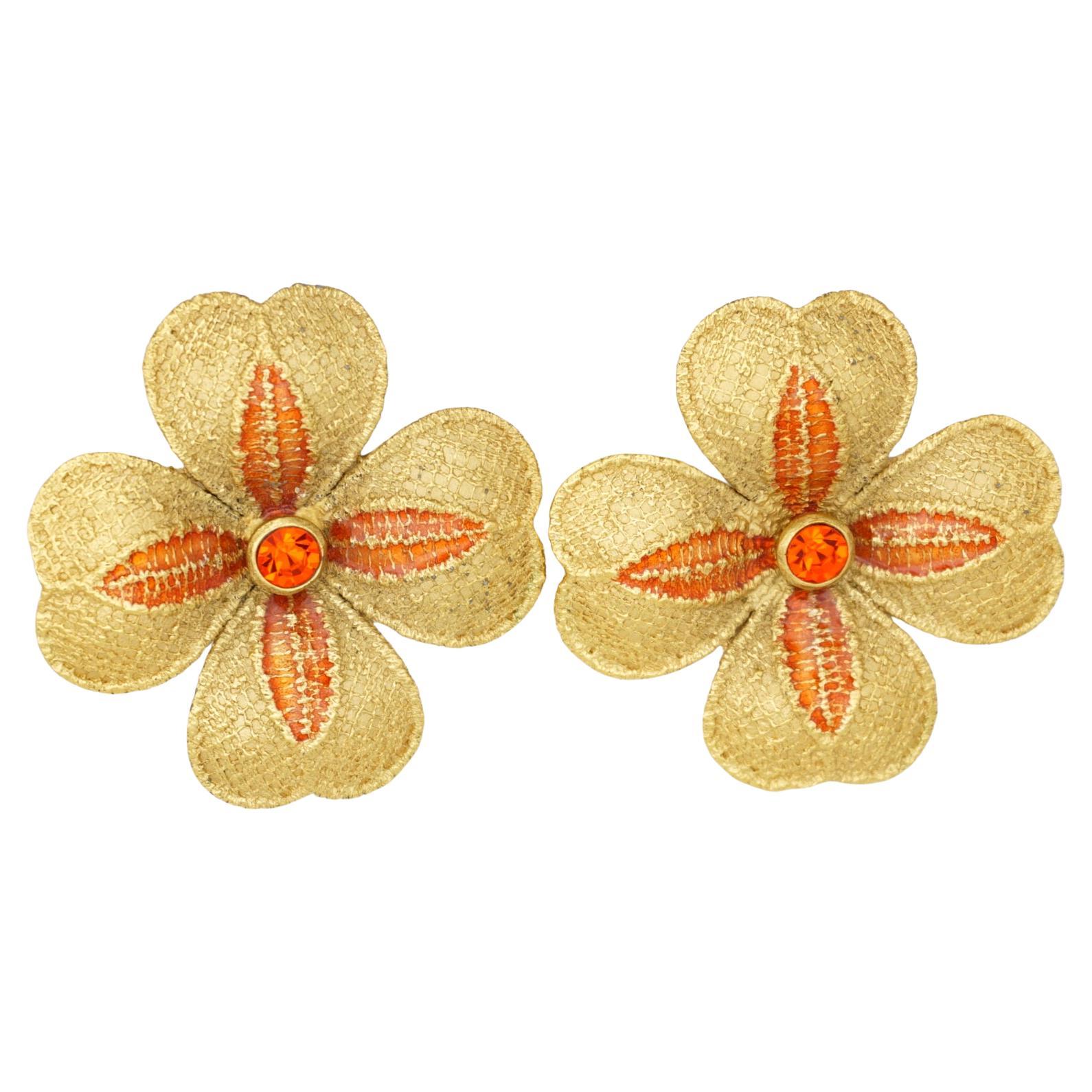 Yves Saint Laurent YSL Vintage Gold Große Orange Kristall Blume Klee Ohrringe
