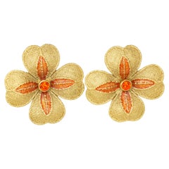 Yves Saint Laurent YSL Vintage Gold Large Orange Crystal Flower Clover Earrings