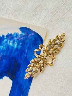 Yves Saint Laurent YSL Vintage Gold Long Leaf Feather Bow Heart Crystals Brooch
