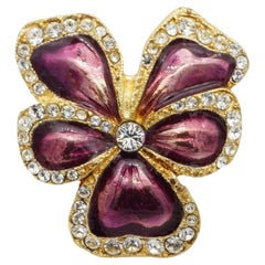 Yves Saint Laurent YSL Vintage Gold Purple Flower Pansy Crystals Chunky Ring
