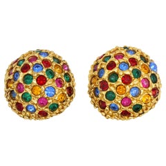 Yves Saint Laurent YSL Vintage Gold Red Ruby Emerald Sapphire Circle Earrings