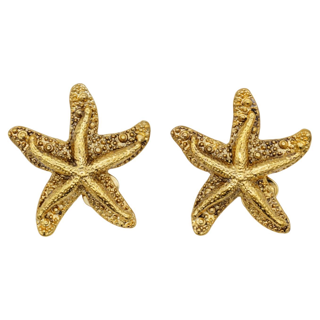 Yves Saint Laurent YSL Vintage Gold Starfishes Star Textured Vivid Clip Earrings