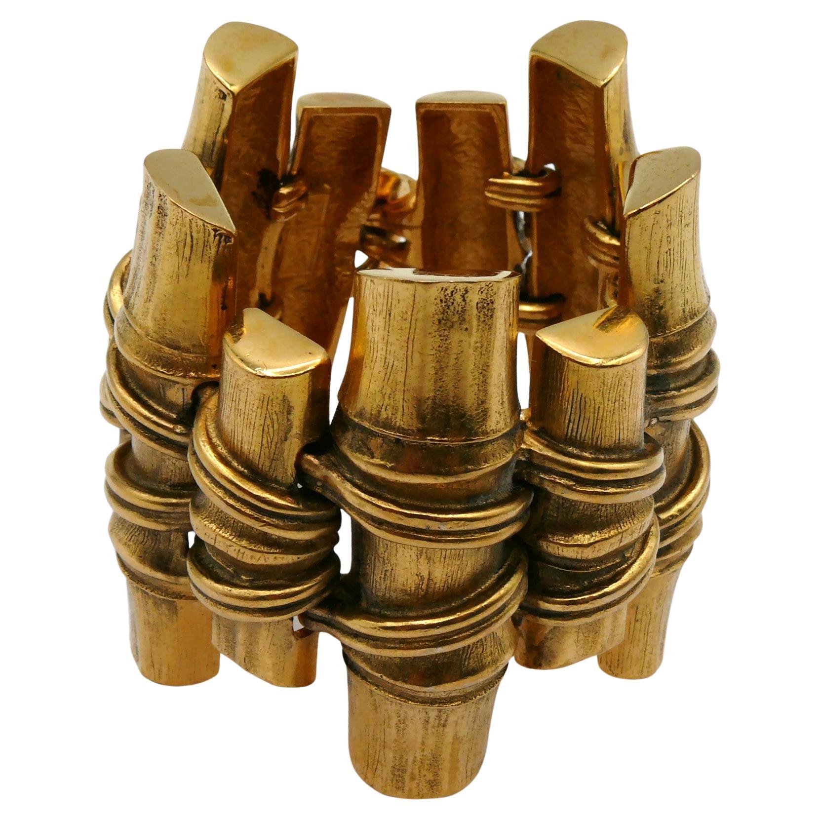 YVES SAINT LAURENT YSL Vintage Gold Tone Bamboo Design Cuff Bracelet