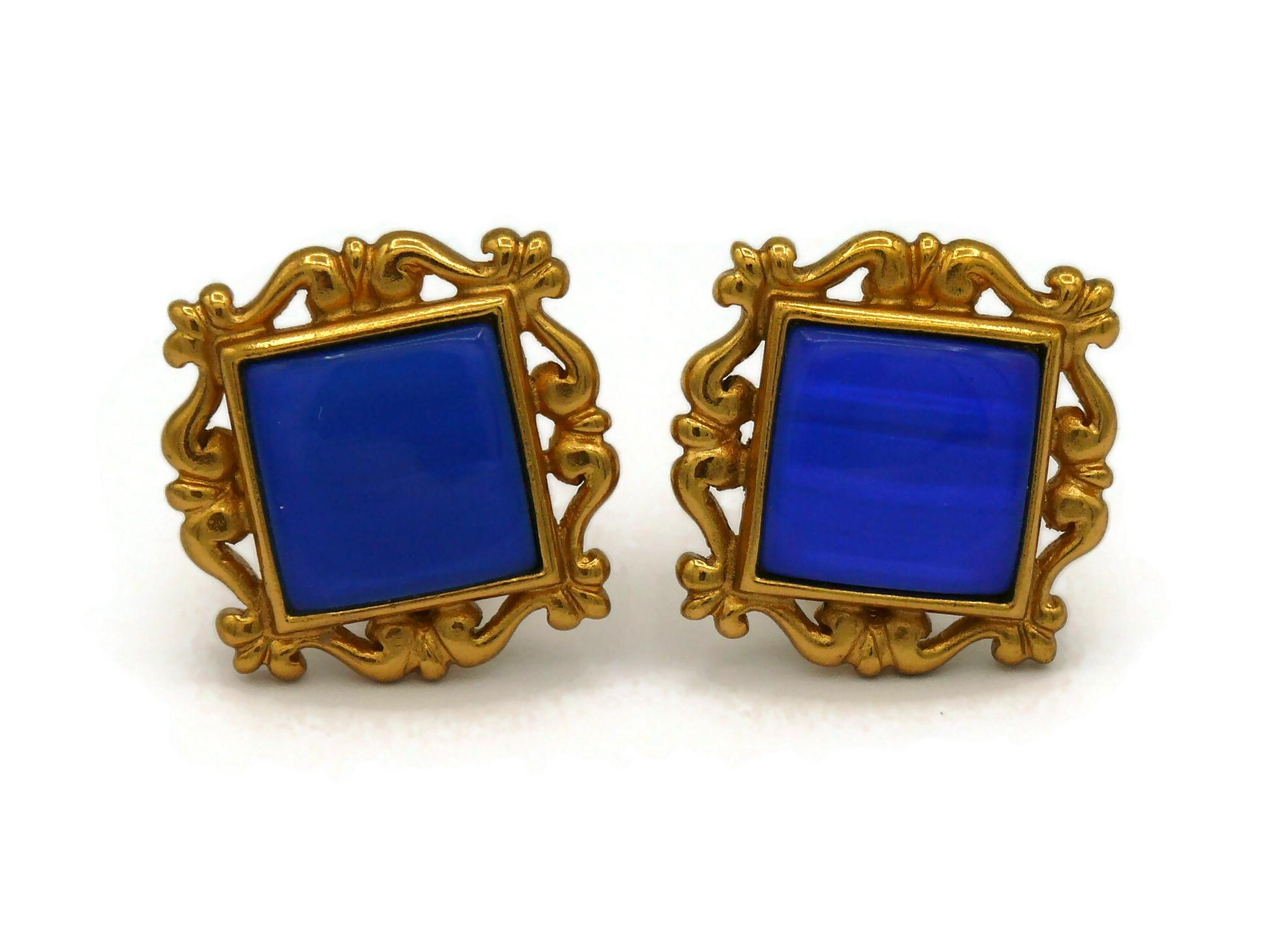 Women's YVES SAINT LAURENT YSL Vintage Gold Tone & Blue Resin Clip-On Earrings For Sale
