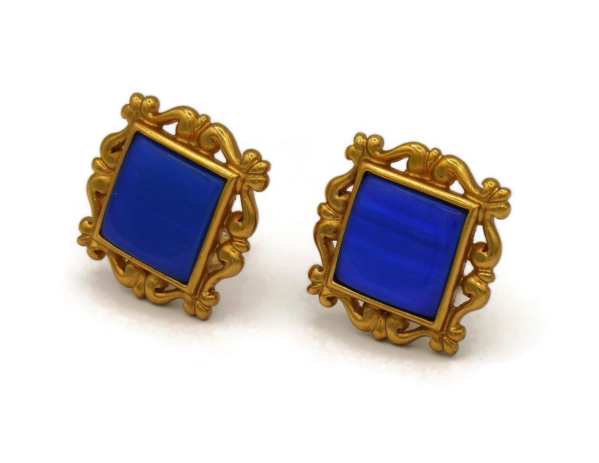 YVES SAINT LAURENT YSL Vintage Gold Tone & Blue Resin Clip-On Earrings For Sale 1