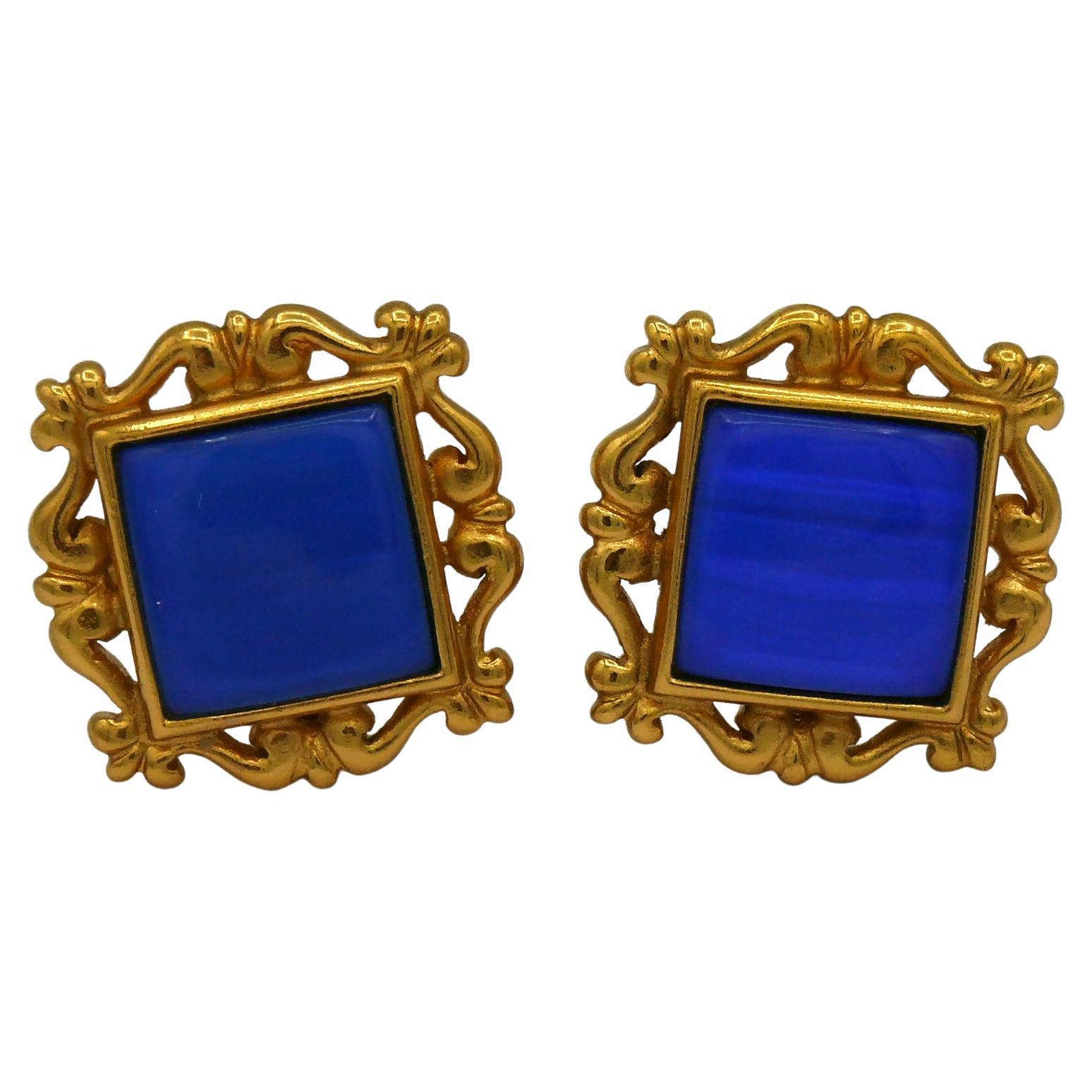 YVES SAINT LAURENT YSL Vintage Gold Tone & Blue Resin Clip-On Earrings For Sale