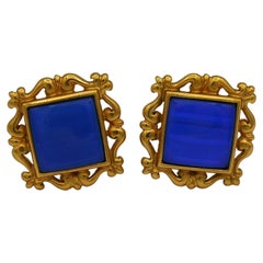 Yves Saint Laurent YSL Boucles d'oreilles clip vintage en résine bleue et ton or