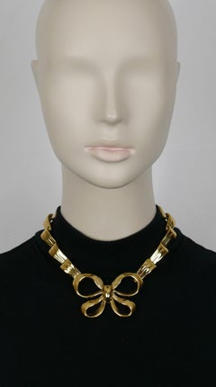 YVES SAINT LAURENT YSL Vintage Gold Tone Bow Ribbon Choker Necklace