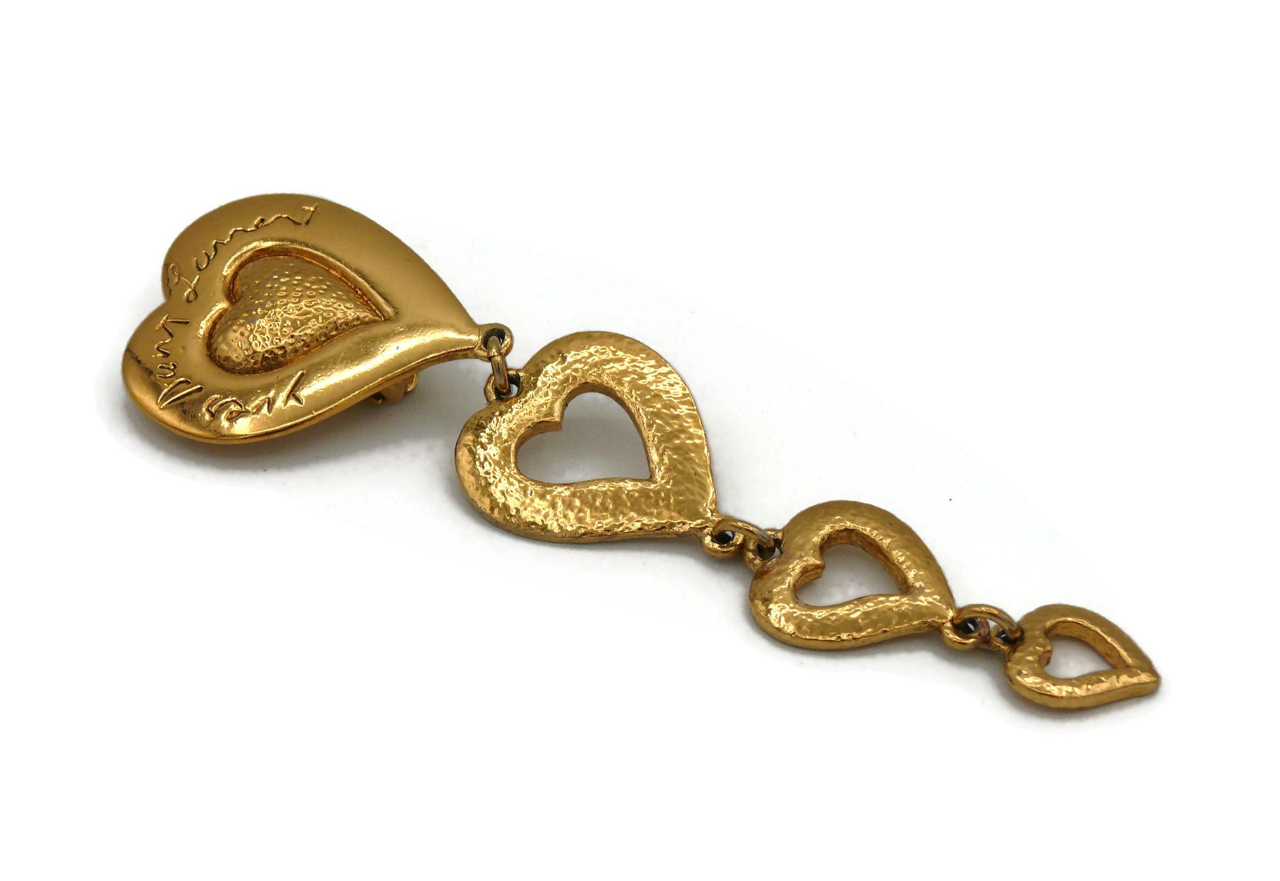 YVES SAINT LAURENT YSL Vintage Gold Tone Cascading Hearts Dangling Earrings For Sale 2