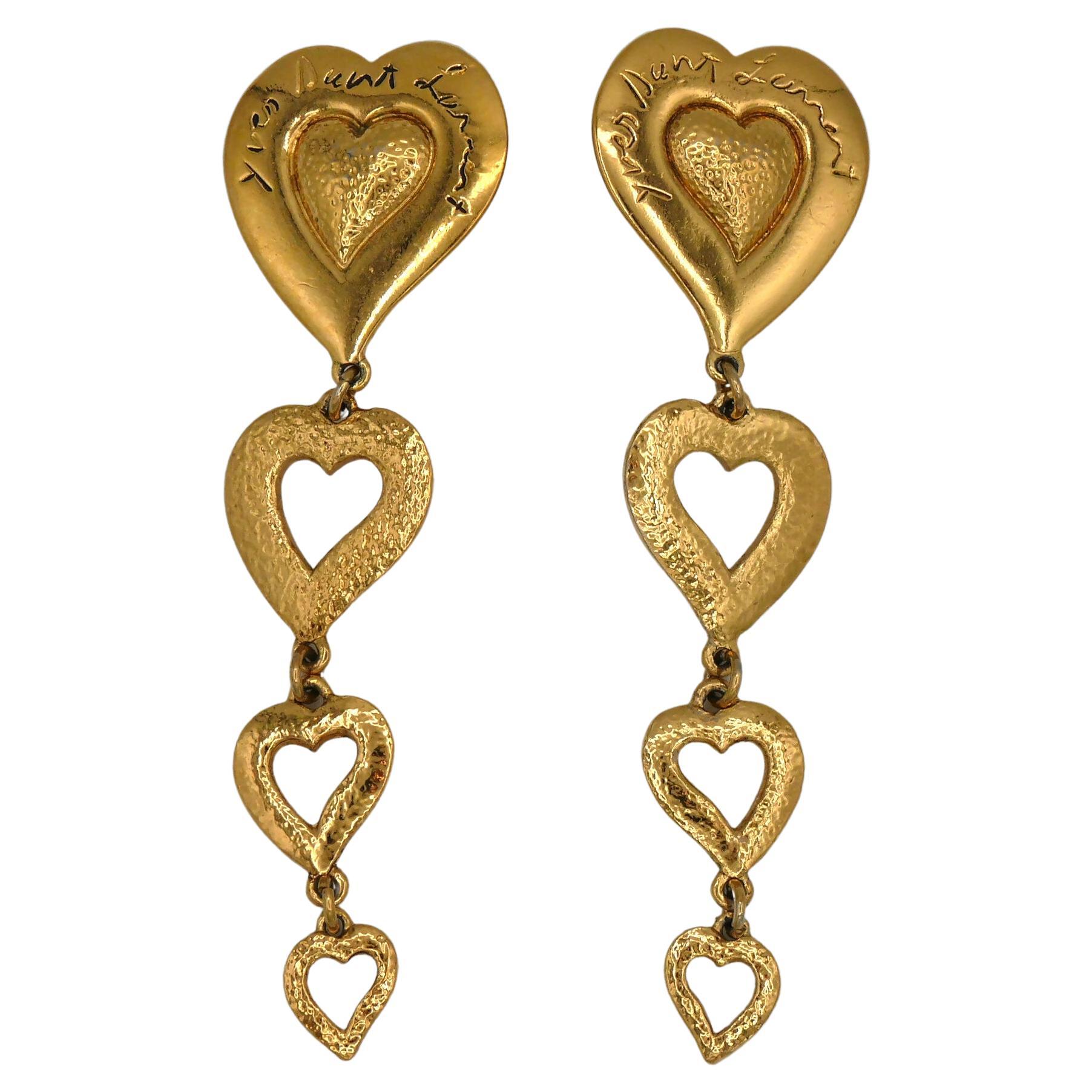 YVES SAINT LAURENT YSL Vintage Gold Tone Cascading Hearts Dangling Earrings For Sale