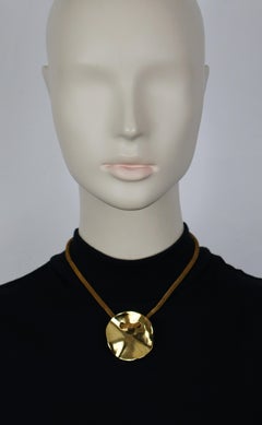 YVES SAINT LAURENT YSL Vintage Gold Tone Creased Disc Medallion Necklace