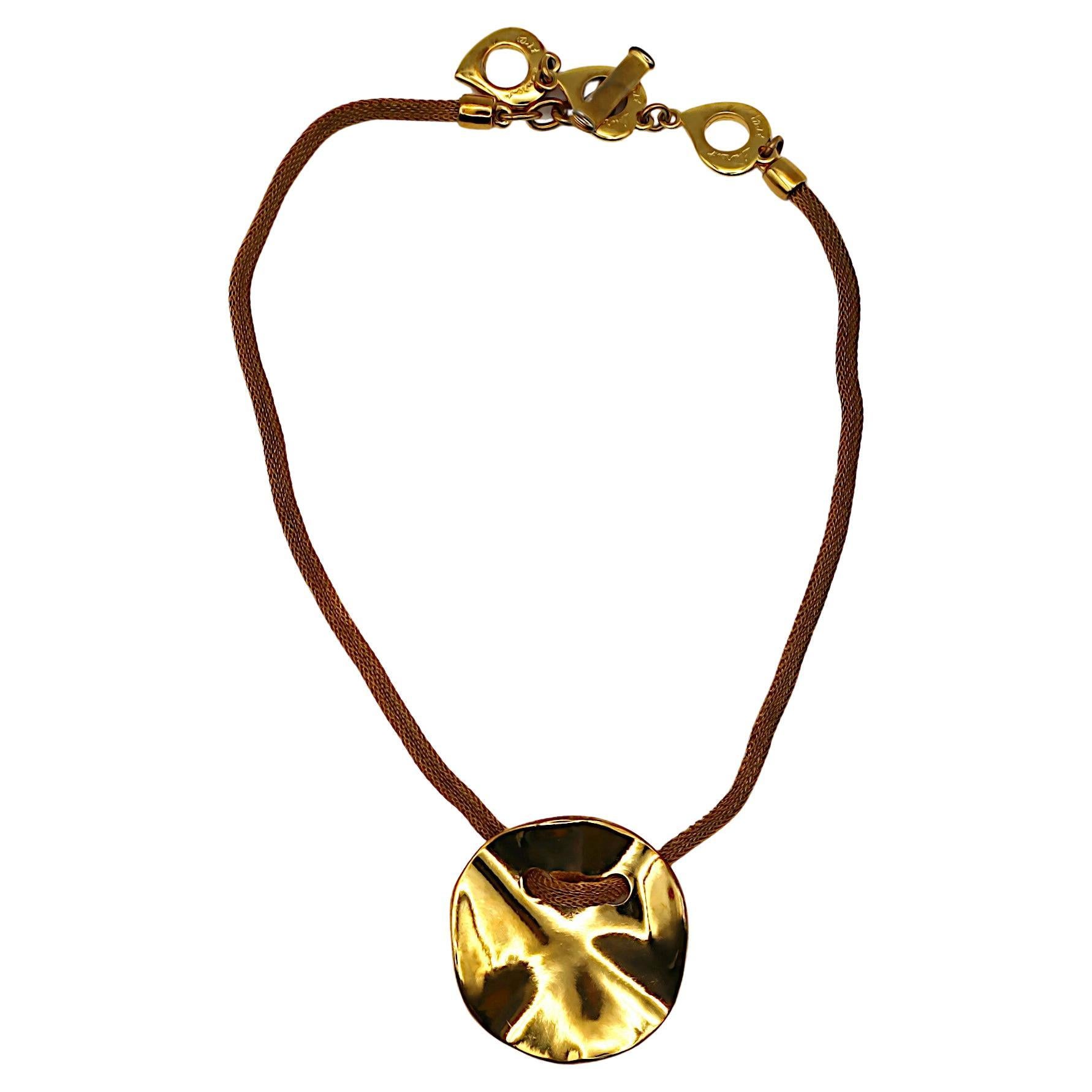 YVES SAINT LAURENT YSL Vintage Gold Tone Creased Disc Medallion Necklace For Sale